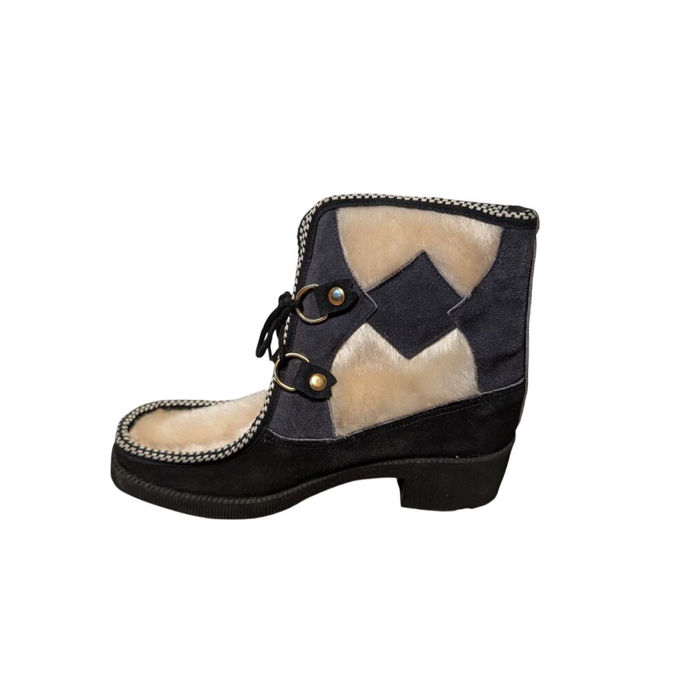 Vintage Made in Italy Après Ski Boots Women Size 10 Black Cream Faux Fur Suede